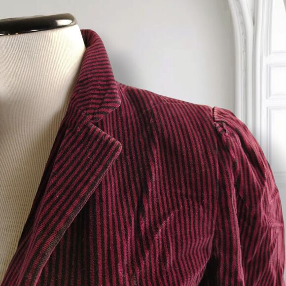Vintage Perry Ellis Whimsigoth Striped Blazer Size 6 Puff Sleeve Maroon Velour - Picture 15 of 16